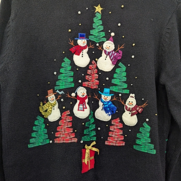 Vintage 90s Ugly Christmas Snowman Tree Ribbon Holiday Sweater - Picture 10 of 13